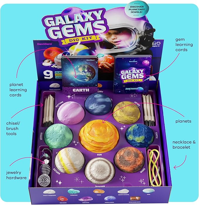 Galaxy Gem Dig Kit for Kids - Gemstones Digging Science Kits for Kid Age 6-7, 6-8, 8-10 - Gifts for 6 7 8 9 10 11 Year Old Boys & Girls - Planet Space Toys for Ages 8-10 - STEM Stuff for Boy & Girl