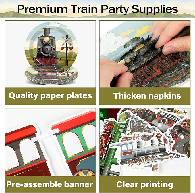 party greeting 109Pcs Train Birthday Party Supplies Includes Steam Train Party Plates Napkins Fork Retro Train Banner Hanging Ceiling Swirls for Train Transportation Baby Shower Party Decorations Set