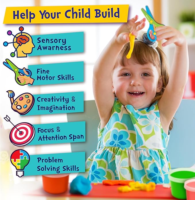 Funcils Toddler Scissors Skills for Kids with Air Clay - 2 Preschool Safety Scissors, Fine Motor Toys for Kids, Cutting & Learning Crafts Activities, Art Supplies Gifts for Boys & Girls Ages 3 4 5 6 7
