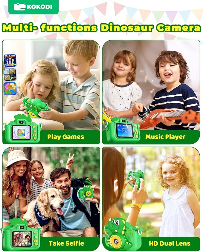 KOKODI Kids Camera Toy Digital Camera for Toddler Boys, Dinosaurs Birthday for Boys Age 3-12, 1080P HD Video Camera for Toddler, Kids Toys for 3-9 Year Old Kids with 32GB SD Card
