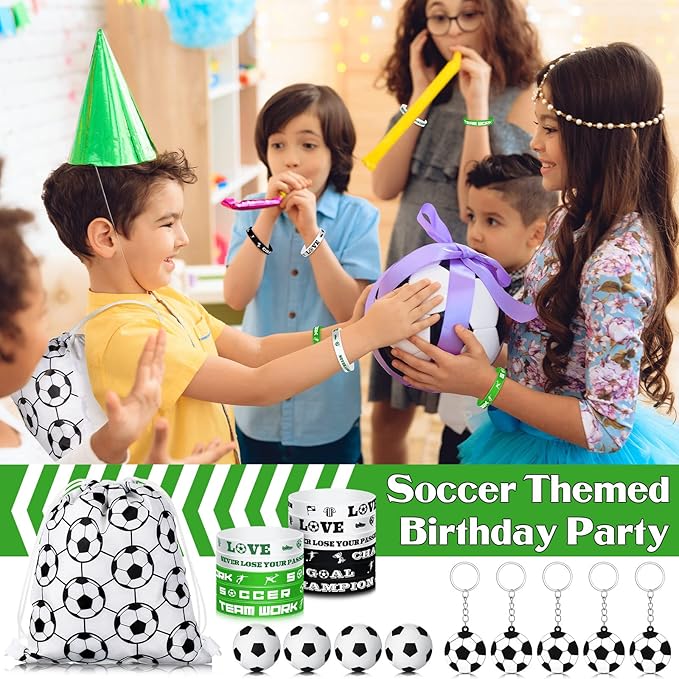 48 Pcs Soccer Party Favors Supplies, 12 Soccer Silicone Bracelet 12 Soccer Drawstring Treat Bag 12 Mini Soccer Stress Ball and 12 Soccer Keychains for Birthday Soccer Party Decorations Gift Kids