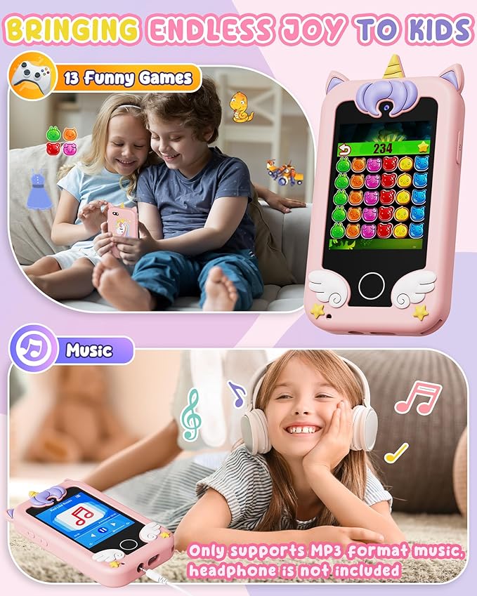 UCIDCI Kids Smart Phone Toys for Girls Ages 3-7 with Dual Camera - Toddler Phone Toys with Learning Games, Travel Toys with MP3 Music Player for Christmas, Birthday Gifts for 3 4 5 6 7 Year Old Boys