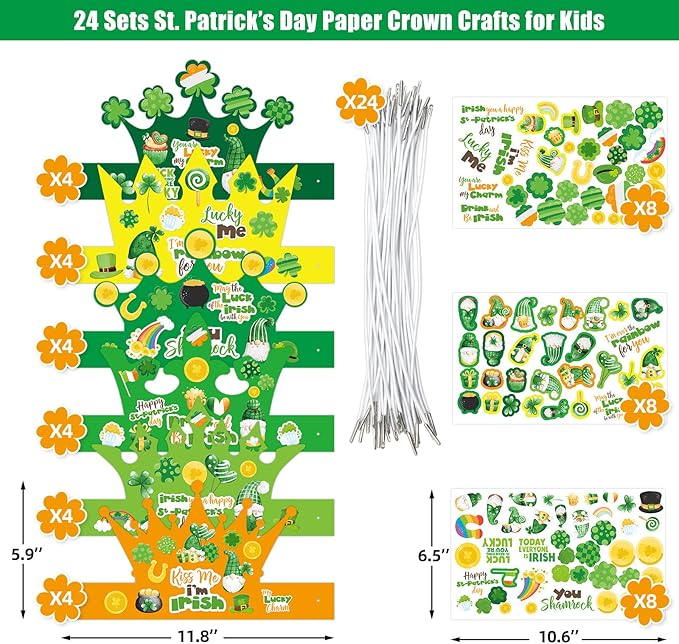 WorldBazaar St. Patrick's Day Crown Hat Craft for Kids 24 Pack Lucky Shamrock Clover Paper Hat with Stickers Green Irish Classroom Family Party Favors Supplies