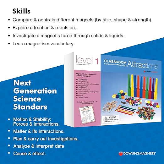Dowling Magnets Classroom Attractions Comprehensive Magnet Lab: Level 1, Grades PreK-2 (Ages 4-7). Classroom Magnets/Science Kit/STEM Kit/Kids Magnets for Classroom/Science Experiments. Item 731301.