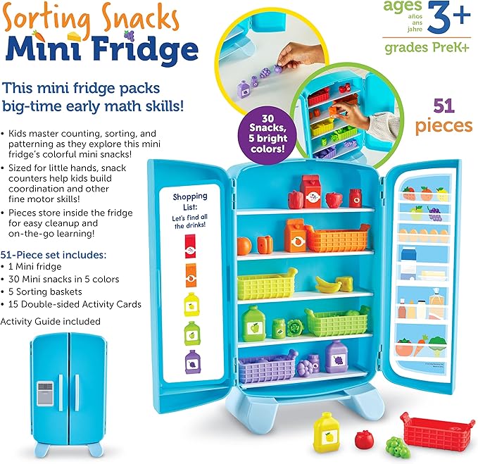 Learning Resources Sorting Snacks Mini Fridge, Educational Snack Toys, Fine Motor Toys, Food Toys, Gifts for Kids, Ages 3+, 51 Pieces