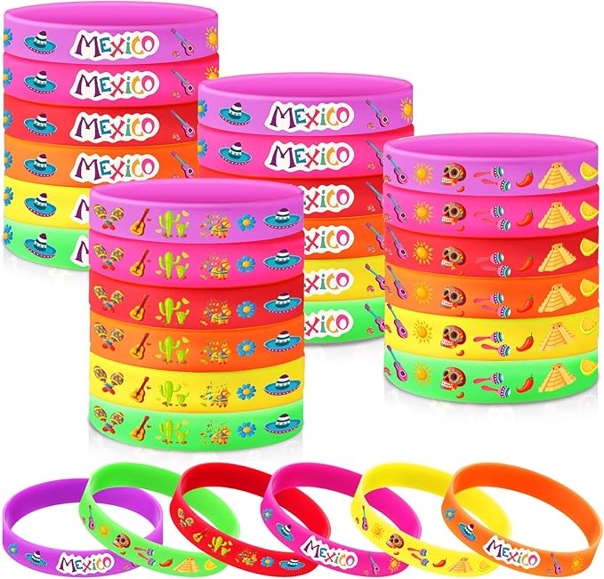 Xinnun 24 Pcs Mexican Fiesta Rubber Bracelets Fiesta Party Silicone Wristbands Mexican Party Favors with Taco Cactus Piñata Pattern for Let's Fiesta Cinco De Mayo Party(Mexico)