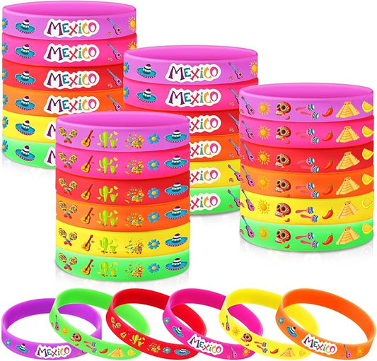Xinnun 24 Pcs Mexican Fiesta Rubber Bracelets Fiesta Party Silicone Wristbands Mexican Party Favors with Taco Cactus Piñata Pattern for Let's Fiesta Cinco De Mayo Party(Mexico)