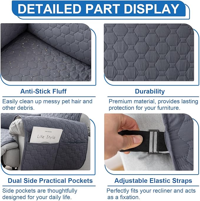 100% Waterproof Recliner Chair Covers That Stay in Place, Non-Slip Recliner Cover with 5 Pockets, Elastic Straps, Washable Reclining Chair Protector for Kids, Pets, Dogs, Gray