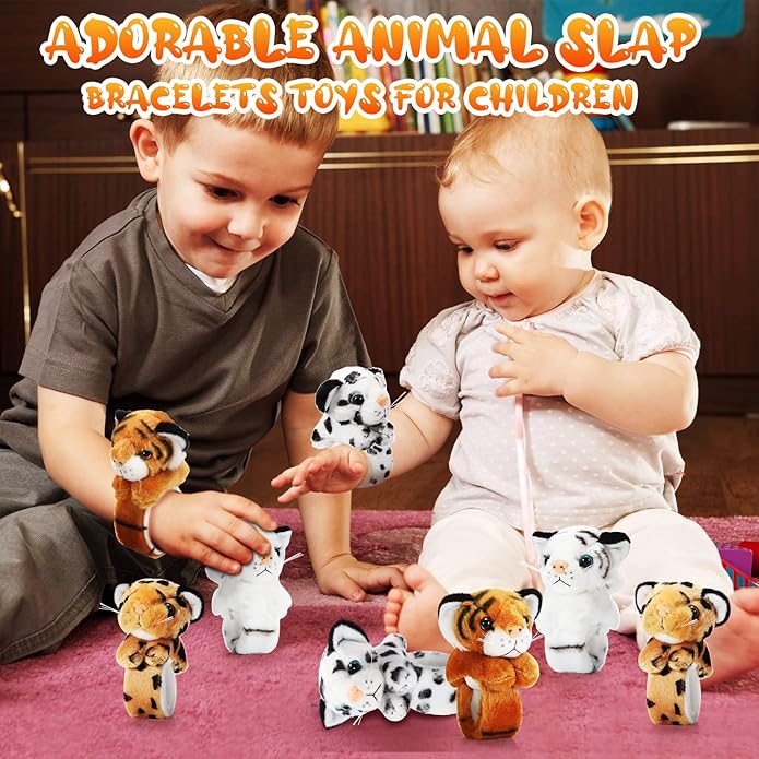 Lenwen 8 Pcs Stuffed Animal Slap Bracelets for Kids Plush Animals Slap Bracelets Bulk Cute Tiger Giraffe Turtle Koala Bracelets Wrist Animals for Girls Boys Valentine's Day Party