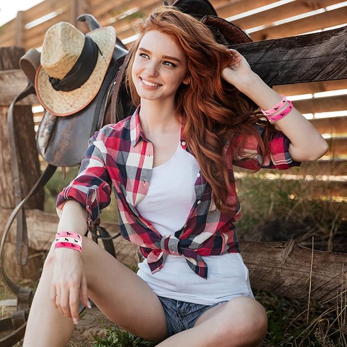 36 Pcs Horse Party Favors Including Horse Treat Favor Bags Horse Party Bag Cowboy Candy Bags Horse Rubber Bracelets for Baby Shower Horse Birthday Party(Light Brown, Rose, Pink, White)