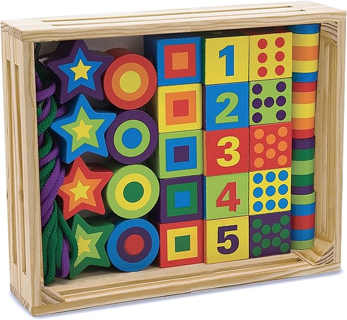 Melissa & Doug Deluxe Wooden Lacing Beads - Educational Activity With 27 Beads and 2 Laces For Toddlers, Fine Motor Skills Lacing Toys For Toddlers And Kids Ages 3+
