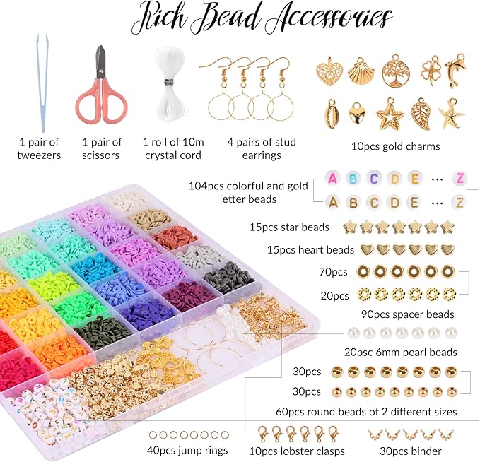 QUEFE 8200pcs Clay Beads Bracelet Making Kit, 30 Colors Flat Preppy for Friendship Bracelets, Polymer Heishi Beads with Charms for Jewelry Making, Holiday Crafts Gift for Teen Girls Adults