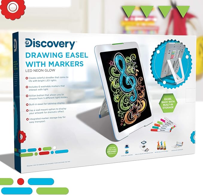 Discovery Kids Neon Glow Drawing Easel w/ 6 Color Markers, Built-in Kickstand/Wall Mount, 5 Light Modes, Easy Clean/Washable, Wide Screen, Flat Storage, Portable Travel Activity, Electronic Activity