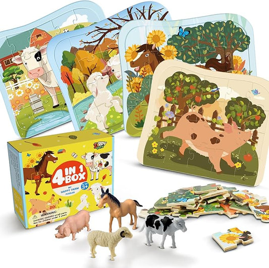 Wooden Farm Animal Puzzles for Kids Ages 4-6, 4 in 1 Gift Box 4-Pack 20-Piece Jigsaw Puzzles Come with 4 Small Animal Figures,Preschool Educational Toys Gifts for Kids Boys Girls Ages 3+