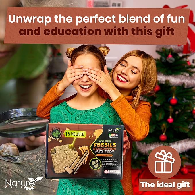 Nature Gear Dino Fossil Dig Kit for Kids, Educational Excavation Kit with 15 Glow in The Dark Mystery Fossils, Interactive Dinosaur Science Kits for Kids Age 3-5 and Up, Excavation Adventure Kit
