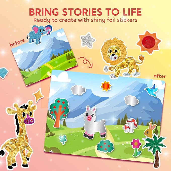 Klever Kits Foil Art Kit for Kids - Arts & Crafts Supplies, Mess Free Coloring, Animal Foil Foam Stickers, Creative Travel Toys, Birthday Gifts for Boys & Girls Ages 4 and Up
