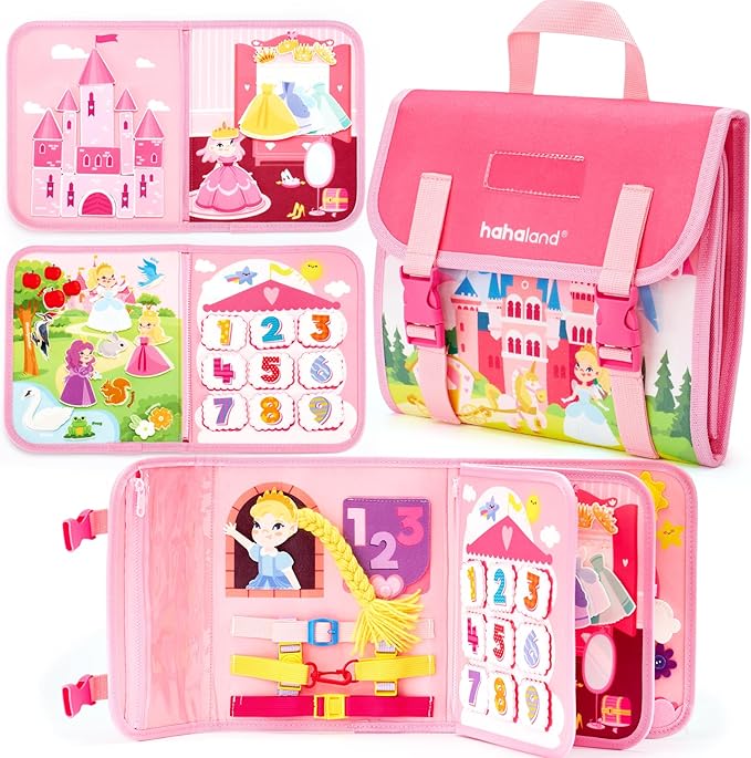 hahaland Montessori Toys for Ages 2-4, Busy Board 1-4 Year Old Girl Birthday Gift 17 in 1 Preschool Learning Activities with 12 Life Skill, Number,Shape,Dressup,Animal,Figures,Baby Girl