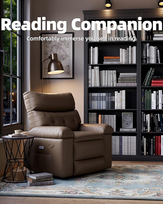 Electric Recliner Chair - 360° Rocker Swivel Recliner with Heat and Massage, PU Leather Large Power Recliner for Adults, Comfortable Lazy Chair with 1.5X Sponge Filling for Living Room, Tan