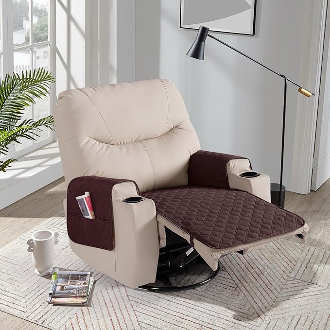 Ruaozz Waterproof Recliner Chair Covers Non Slip Chair Covers Recliner Seat Cover with Arms Washable Recliner Covers for Reclining Chair with Pocket, Covers for Recliner Chair (Coffee, Small-22'')