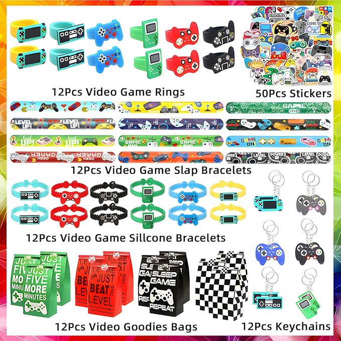 110 Pcs Video Game Party Favors, Gamer party Favors - 12 sets of Gaming Birthday Goodie Bags Included Gift Bags, Game Keychain, Slap Bracelet, Stickers, Ring, Hand Strap for Gaming Kids