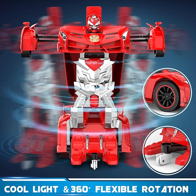 FDJ Transform Remote Control Car Robot, One Button Deformation to Robot with Flashing Light, 2.4Ghz 1:18 Scale Transforming Police Car Kids Toys with 360 Degree Rotating Drifting, Toys for Boys Girls