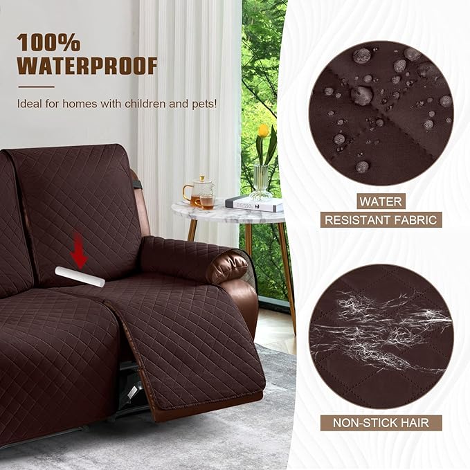 KinCam Waterproof Oversized Loveseat Recliner Cover, Non-Slip Reclining Couch Covers for 2 Seat, Recliner Sofa Cover Furniture Protector with Elastic Straps for Kids, Pets, Coffee