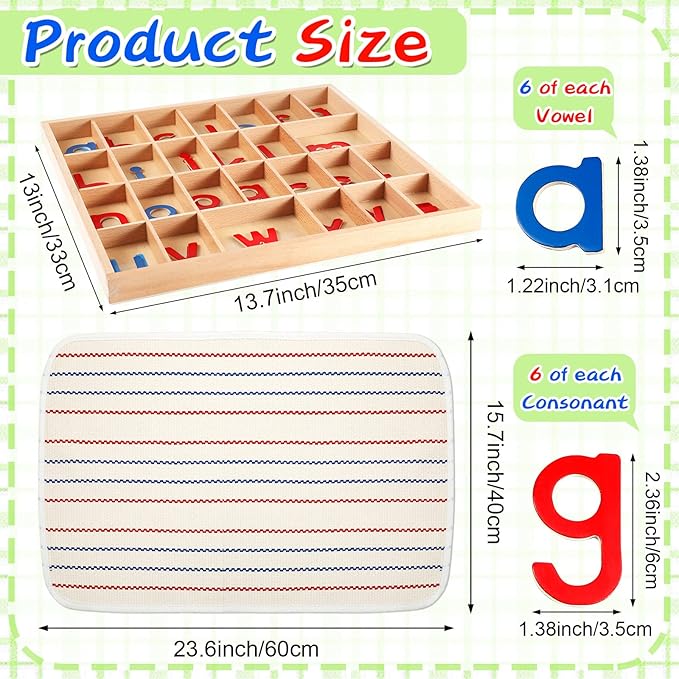 Montessori Letters Movable Wood Alphabet with Box and Large Mat Small Wooden Alphabet Letters Montessori Trays Preschool Spelling Learning Language Materials Objects, Red, Blue