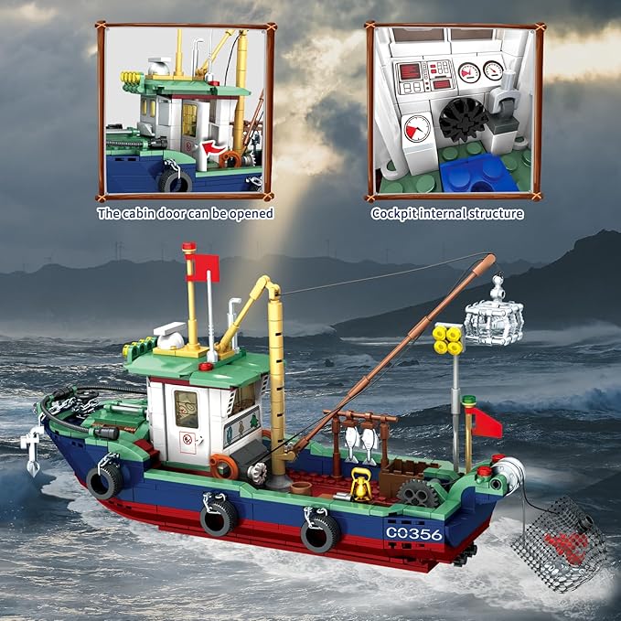 Fishing Boat Building Blocks Sets, Compatible with Lego Boat Sea Fishing Building Blocks Toy Set Collection Decoration, Gifts for Boys and Girl Ages 6-12 Years Old and up, 582 Pcs