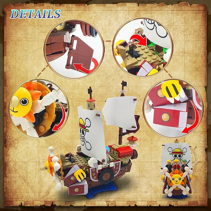 1 Piece Anime Thousand Sunny Ship Building Blocks Set with Light, Featuring 9 Action Main Figures, One Piece Merch Pirate Boat Model Building Ideal Gift for Kid, Fans(432 PCS)