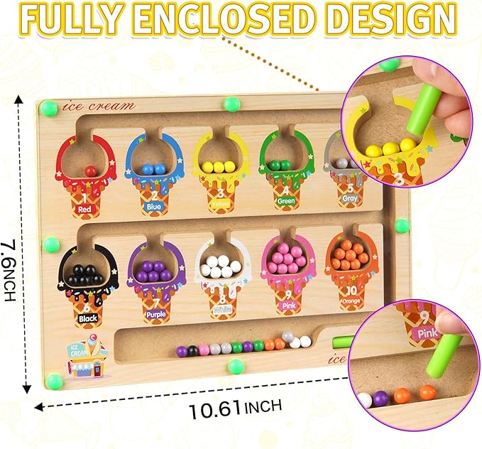 Magnetic Color and Number Maze, Wooden Color Matching Learning Counting Magnet Puzzle Board Montessori Toys, Toddler Educational Fine Motor Skills Learning Toys for Boys Girls 3+ Years Old