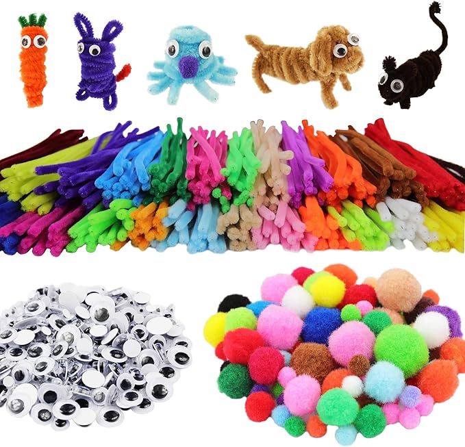 862 Pieces Kids Art & Craft Supplies Set DIY Activities & Parties Pipe Cleaners Craft Set 200 Pcs Pipe Cleaners 454 Pcs Pom Poms 208 Pcs Wiggle Eyes Self Adhesive1