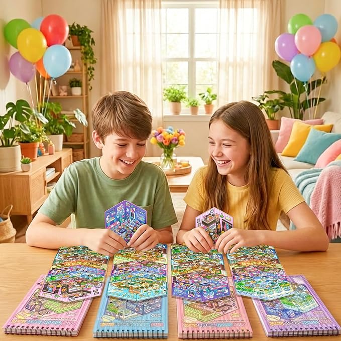 32 Sets (1200+) DIY 3D Stickers for Kids & Adults with 4 Sticker Books, Make Your Own Houses, Buildings, Shops & Amusement Park Scenes for Parties, Birthdays & Gifts