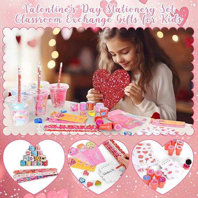 216PCS Valentines Day Gifts for Kids, Valentines Day Stationery Gifts, Valentines Party Favors with Stampers Pencils Rulers Stickers, School Rewards Classmate Gift Exchange Goody Bag Fillers for Kids