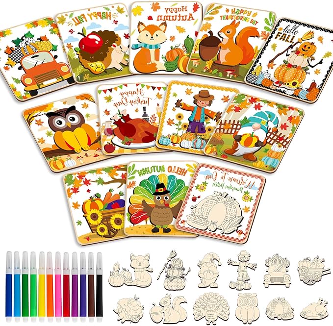 12 Pack Fall Thanksgiving Wooden Puzzles for Toddlers Autumn Puzzles Coloring Craft Kits for Kids Boys Girls Montessori Toys Harvest Party Favors Treat Bag Gifts Educational Learning Jigsaw Puzzle