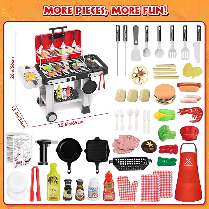 86PCS Kids Play Kitchen Toys: Kids Grill Playset with Smoke, Sound, Light, UV&Water Color-Changing Play Food, Pretend Kids Kitchen Playset, Interactive BBQ Outdoor Toys, Birthday Gift for Toddler