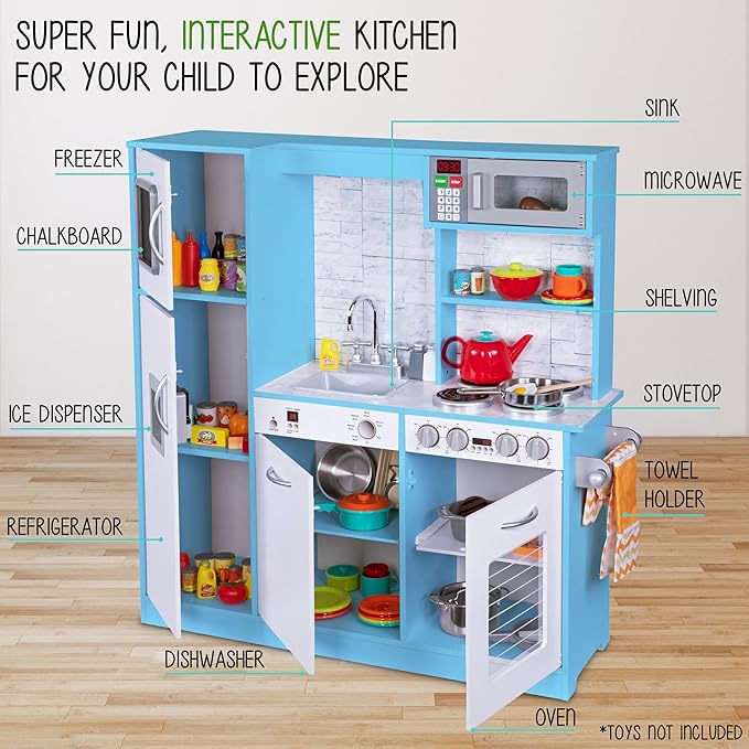 Lil' Jumbl Kids Kitchen Set, Pretend Wooden Play Kitchen, Battery Operated Icemaker & Microwave with Realistic Sound, Pots & Pan Included - Blue