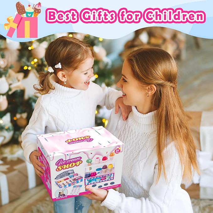 Wooden Ice Cream Toys Kids Toy Food for Toddler Girls 3+, Ice Cream Shop Playset, Pretend Play Kitchen Toys with Display Counter & Fake Money - Wooden Food Toys for 3 4 5 Year Old Girls Boys Birthday