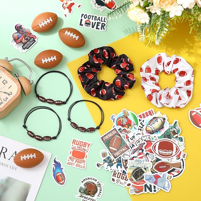 86 Pcs Football Party Favors 50 Sheets Football Stickers 12 Sports Stress Ball Mini Foam Football Ball, 12 Football Charm Bracelets, 12 Football Scrunchie Sports Valentines Football Gifts Supplies