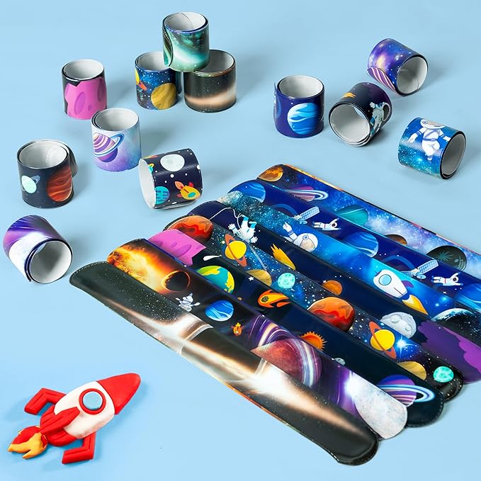 Space Slap Bracelet, 24Pcs Outer Space Kids Wristbands Bracelets with Thank You Cards Planet Themed Party Favors Gifts for Kid Birthday Party Favors Classroom Prizes Exchange (12 Styles)