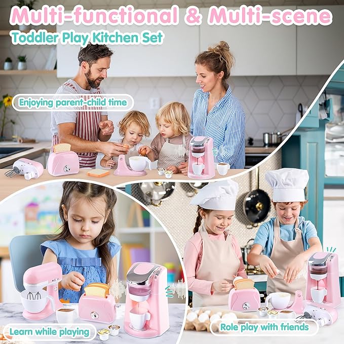 Play Kitchen Appliances Toys - Kids Kitchen Playset Accessories, Pretend Play Toy Sets with Coffee Maker, Mixer, Toaster with Realistic Lights & Sounds, Gifts for Toddler Girls Ages 2 3 4 5 6 7