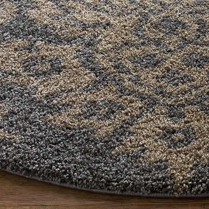 SAFAVIEH Florida Shag Collection 5' Round Grey/Beige SG460 Damask Non-Shedding Living Room Bedroom Dining Room Entryway Plush 1.2-inch Thick Area Rug