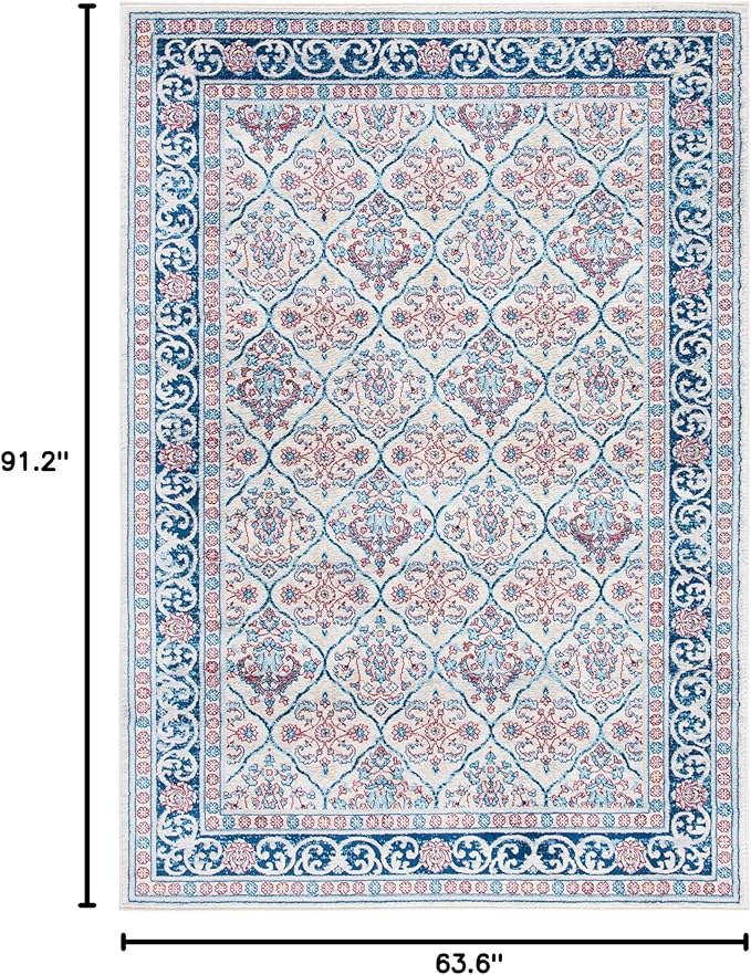 SAFAVIEH Brentwood Collection 5'3" x 7'6" Beige / Navy BNT870B Oriental Damask Trellis Non-Shedding Living Room Bedroom Dining Home Office Area Rug