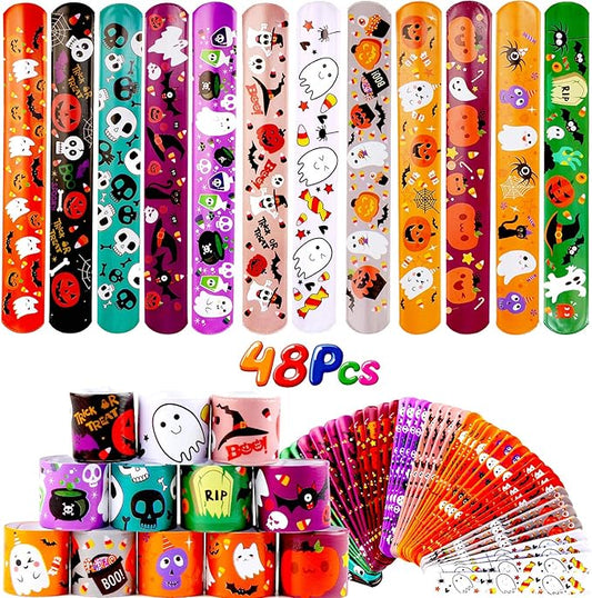 VEYLIN 48 Pieces Halloween Slap Bracelets for Kids, 12 Styles Snap Bracelets Bulk Halloween Giveways for Kids Slap Bracelets Party Favors