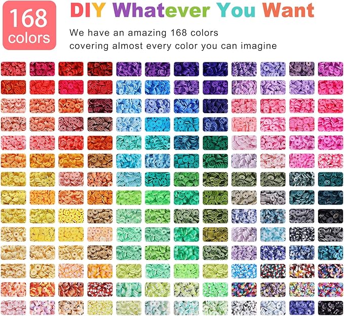 Redtwo 26000 Pcs Clay Beads Bracelet Making Kit, 168 Colors 8 Boxes Flat Polymer Clay Heishi Beads for Friendship Bracelet Jewelry Making Kit, with Charms Crafts Gifts for Teen Girls Kids Adults