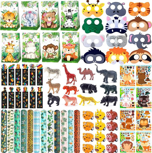 XIPEGPA 88 PCS Jungle Safari Party Favors Set Wild Animals Theme Bags Masks Stickers Slap Bracelets for Birthday Baby Shower Goodie Bag Fillers Jungle Safari Party Supplies