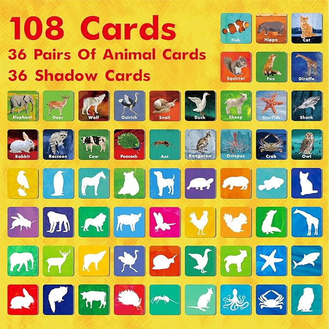 Hebayy 108 PCS Memory Matching Game, 72 Animal Cards & 36 Shadow Cards Matching Cards 36 Pairs Real Animal for Toddlers, Preschool, Kids 4 5 6 Years Old (2” x 2”)