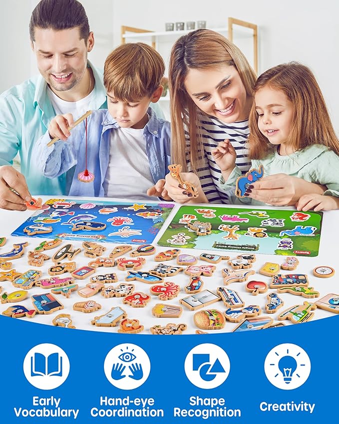 SYNARRY 89 Pcs Wooden Magnetic Sight Word Fishing Game Preschool Activity, Memory Sorting Matching Game for 3 4 5 Years Old Learning Flashcards, Montessori Educational Toys Gifts for Kids Ages 3-5 4-6