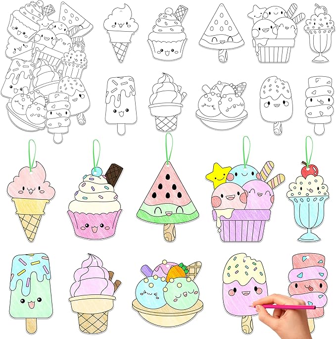 JAPBOR Ice Cream Coloring Craft - 83PCS Summer Ice Cream Themed Party Activities Game Kits for Kids, Color Your Own DIY Desserts Art Cards Hanging Ornament, Draw Paper Book School Activity Party Favor