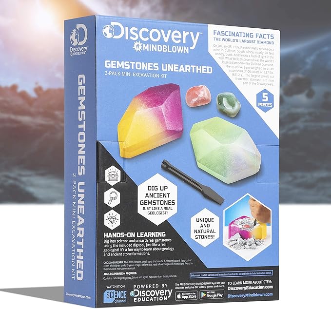 Discovery #MINDBLOWN Mini Unearthed Gemstones Dig Set, 2 Pack Excavation Kit w/Chisel, App & Poster, Interactive Archaeology Geology Experiment, Fun & Educational Science STEM Toy for Kids 6+