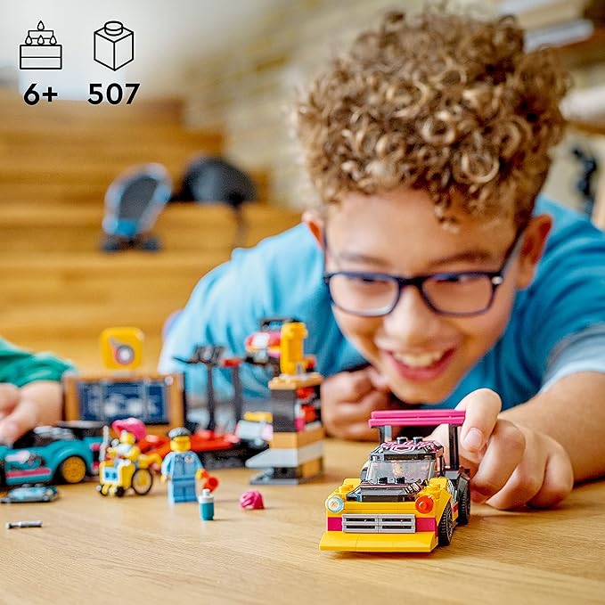 LEGO City Custom Car Garage, Toy Garage Building Set with 2 Customizable Cars, Pretend Play Mechanic Toy with 4 Mini Figures, Birthday Gift Idea for Boys, Girls, Kids Who Love Cars Age 6+, 60389